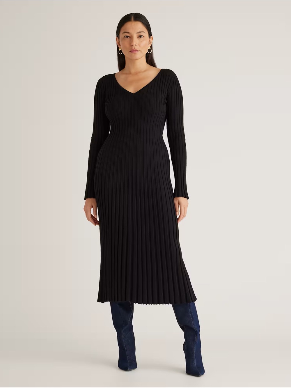 Cotton Cashmere Ribbed Long Sleeve V-Neck Midi Dress